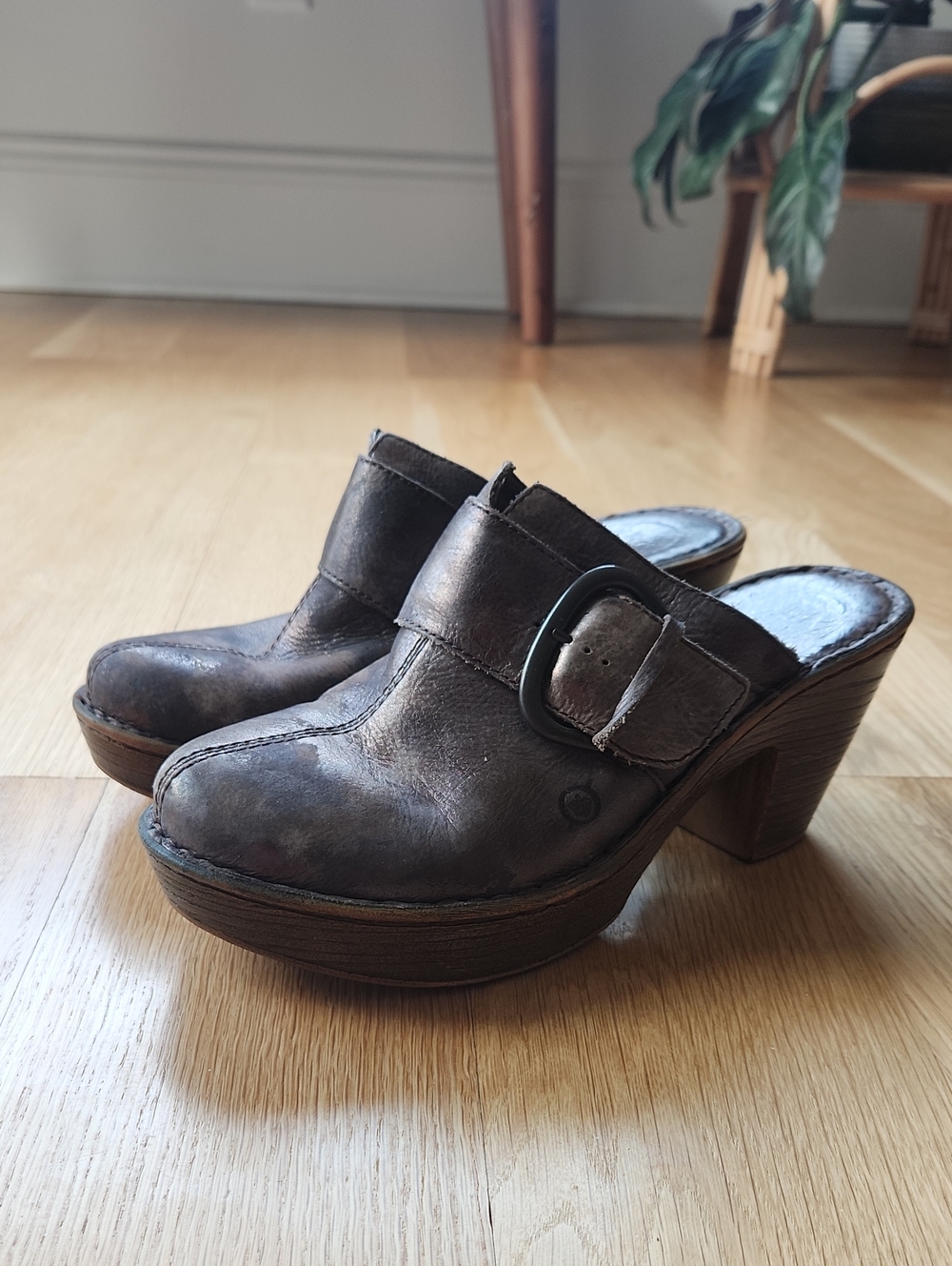 Born Ibra Moro Mule Brown Leather Buckle Clog Heels